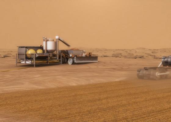 ISRU system concept for autonomous robotic excavation and processing of Mars soil to extract water for use in exploration missions.